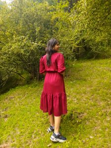 Burgundy Midi Dress with Ruffle Hem