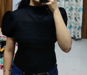 Ribbed Viscose Rayon Black Crop Top