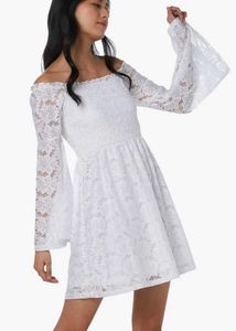 White Lace Bell Sleeve A-Line Dress