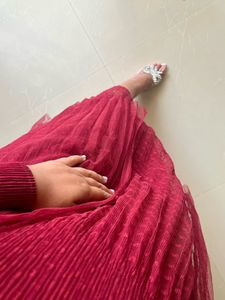Burgundy Dress with Sheer Polka Dot Layers