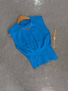 Blue Ribbed Knit Top