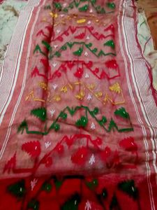 White Maslin Saree with Colorful Detailed