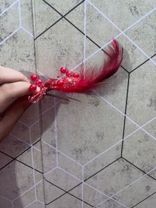 Red Beaded &amp; Feather Hair Clip