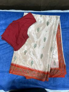 Elegant Cream &amp; Red Handloom Saree with blouse