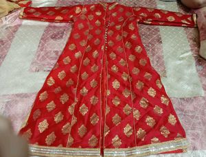 Elegant Red Banarasi Anarkali Set with Golden Moti