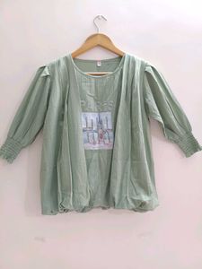 Womens top with puff sleeves Green &#39;Paris&#39; Print T