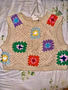 Multi Coloured Korean Crochet Crop Vest Or Top