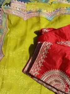 Red &amp; Yellow Embroidered Saree