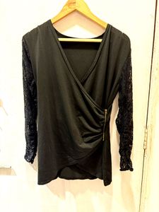 Black Lace Sleeve Wrap Top