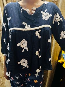 Floral Embroidered Navy Blue Top