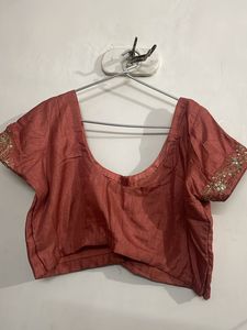 Peach Mirror Work Saree With Blouse.