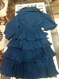 Multi Ruffle 2 Piece Dress In Peacock Blue Colour