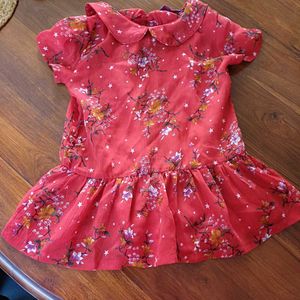 Cute Floral Print Girls Red Peplum Chiffom Top