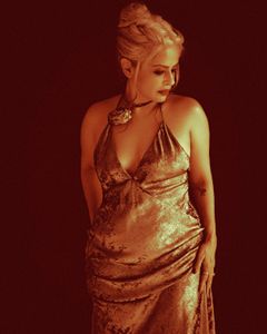 Long foil Backless  Dress With flower Detail