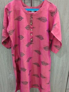 Pink Leaf-Print Kurti