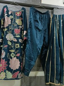 Teal Blue Kurti Pant Wedding Wear Set