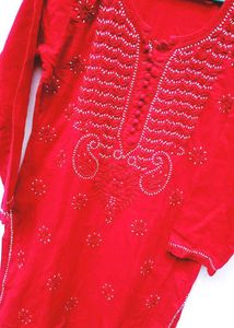 handwork chikenkariRed Embroidered Kurta