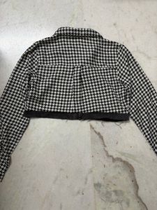 Houndstooth Cropped Jacket with denim detailing