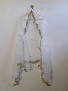 Net Embroidery Mirror Work Dupatta In White Color