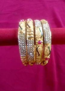 Gold Color With Stone Bengles 4 Piece Set