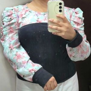Women&#39;s Floral Puff Sleeve Top – Mint Green&amp;Black