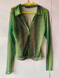 Prettylittlething y2k gren&black stripe mesh shirt