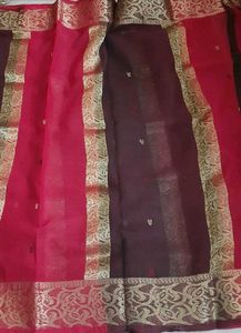 Elegant Gold &amp; Red &amp; Brown Tant Benarasi Sari