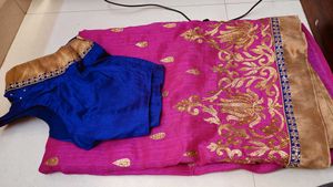Rani Pink & Blue Embroidered Saree with Blouse