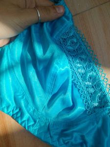 satin Turquoise Bra with Lace Detail