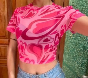 Urbanic Pink Heart Print Mesh Crop Top