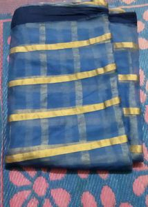 Blue Saree With Golden lines