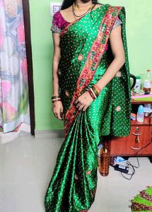 Bottle Green BANDEJ SAREE WITH GOLDEN PATCH BORDER