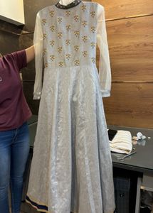 Wedding/Festive Silver Gown With Net Sleeves