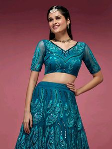 Teal - Net Embroidered Floral Sequins Semi-Stitche