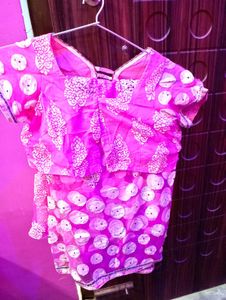 Pink Saree Set With Stitched Blouse And Peticoa