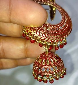 Red &amp; Golden Jhumki Earing Studs