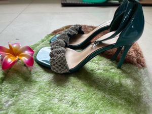 Teal Heels with Rhinestone Bow