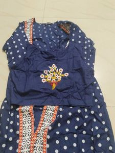 Blue Polka Dot Dress with Floral Embroidery