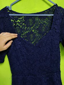 Backless Net Navy Blue Lace Fit &amp; Flare Dress