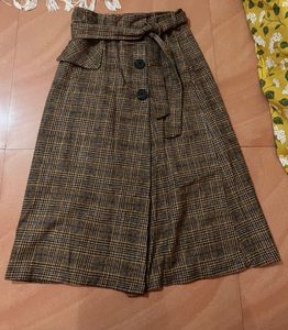 Korean Plaid Midi Skirt with Belt
