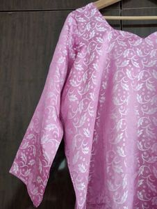 Printed Silk Kurta Pants Set For Women, Pink