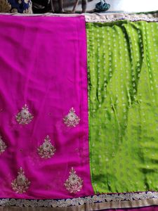 Green &amp; Pink Embroidered Sari