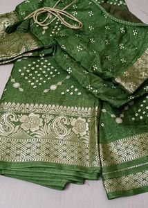 Green Bandhni Silk Saree With Blouse