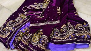 Elegant heavy work Purple Velvet Saree 😍