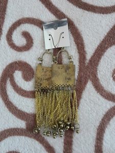Gold Oxidised Square Earrings With Chain.