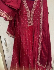 Red Anarkali Suit Set With Pant Dupatta