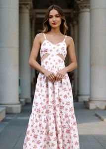 Spaghetti Strap Floral Print Cut-Out A-Line Dress