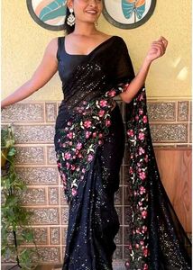 Partywear Sequence Saree Attached With Blouse