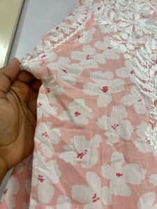 Peach Floral Printed Chikankari Embroidered Kurta