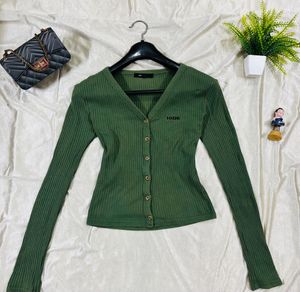 Green Ribbed Button-Down Top